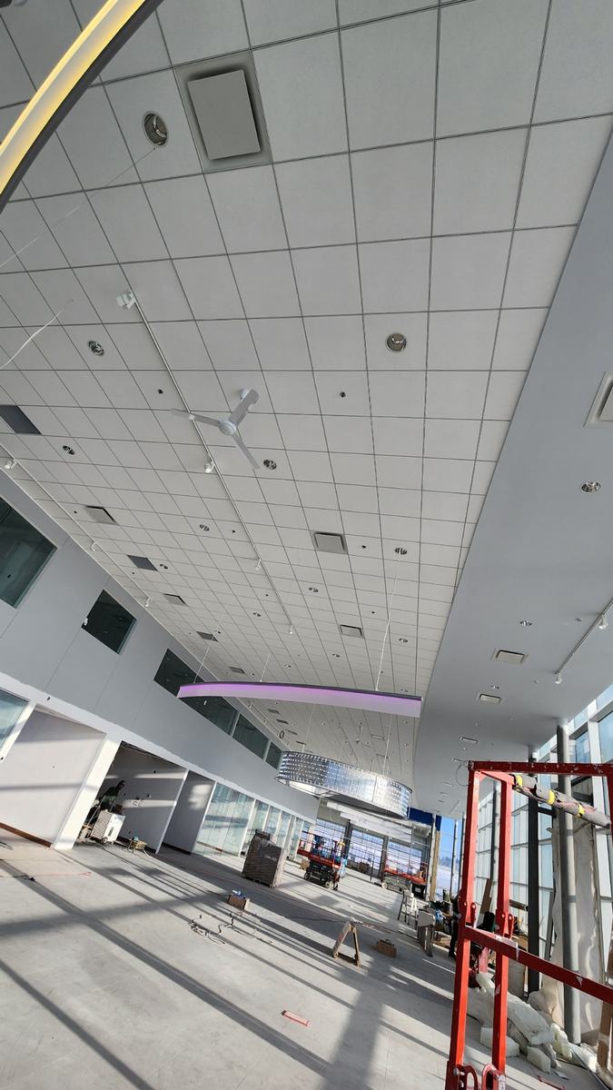 Large finished ceiling with a curved feature soffit and feature lighting